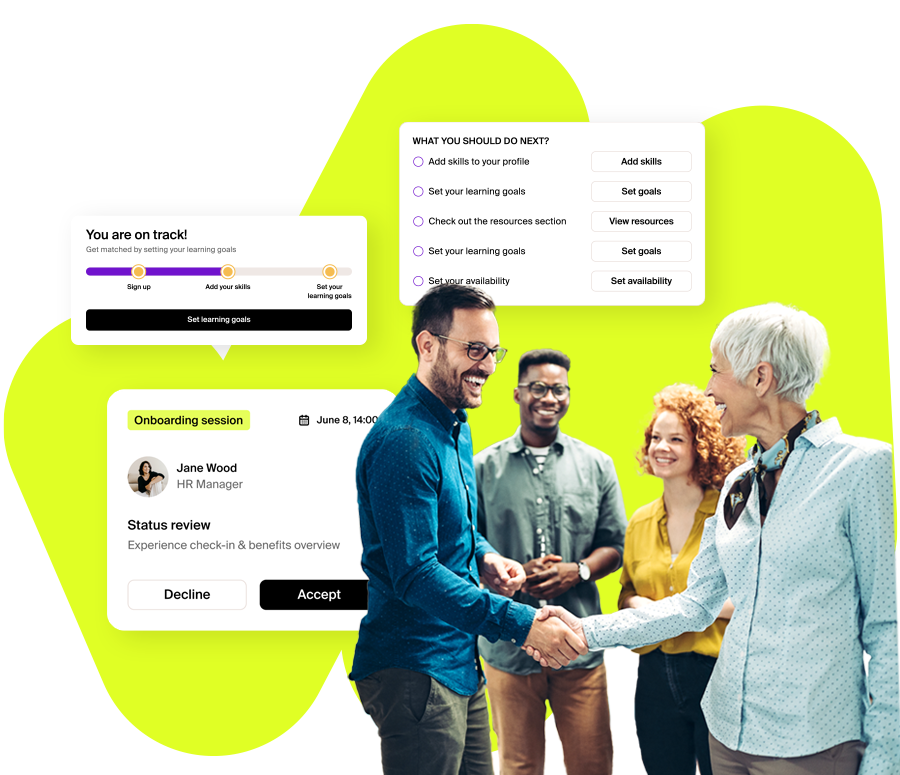 New employee using Mentessa's AI-powered mentoring platform for onboarding, connecting with mentors, and learning organizational skills quickly.