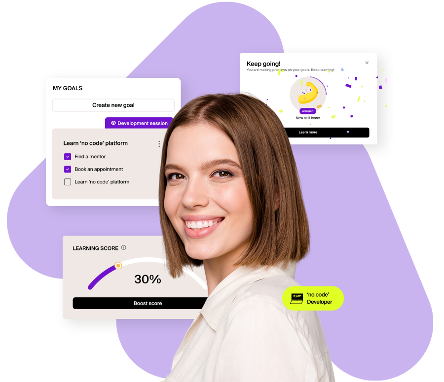 Employees using Mentessa's AI-powered mentoring platform to upskill, learn new competencies, and grow through continuous development and collaboration.