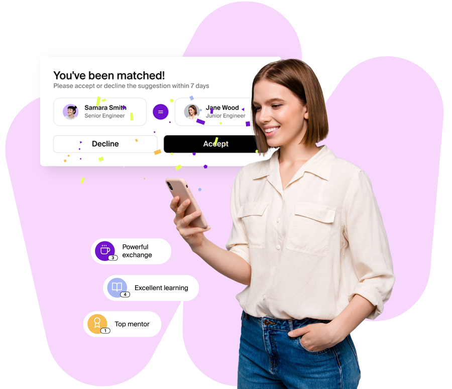 Visual showing the features of Mentessa's community platform capabilities — connecting people for mentoring, knowledge sharing, and collaboration powered by AI.