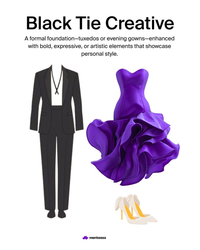 Visual example of black tie creative attire combining formal eveningwear with bold, expressive, or artistic styling elements.