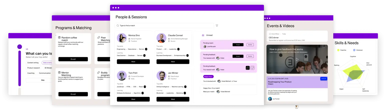 Mentessa platform showcasing community building, mentoring, smart matching, and video-based learning